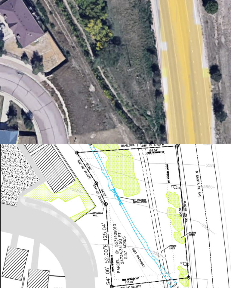 Simple plot plan example showing property lines, shed location, north arrow, and scale for building permit