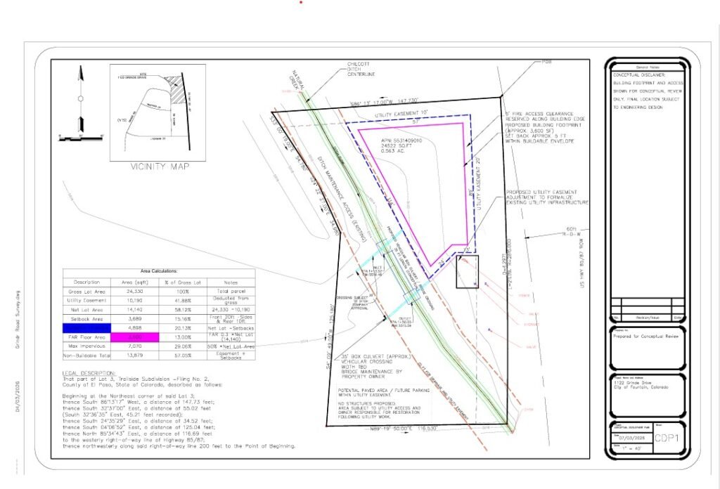 Approved Colorado Springs commercial site plan with revised box culvert design utility easements grading and warehouse building envelope