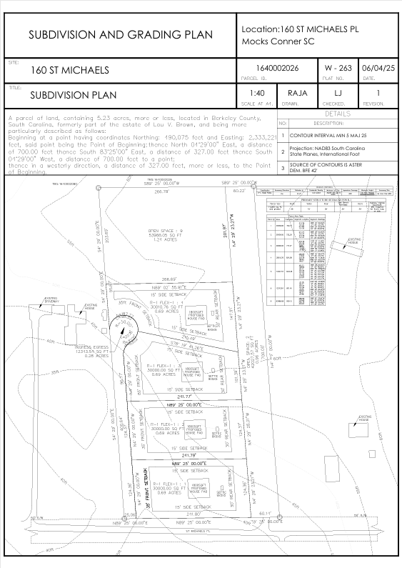Subdivision plan for 5.23-acre lot split into four residential lots with cul-de-sac access, Berkeley County, South Carolina.