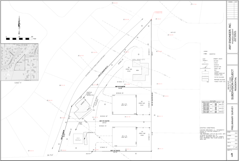 Subdivision survey for 1.6-acre lot into three residential parcels with contour lines and building pads, Ventura County, California.