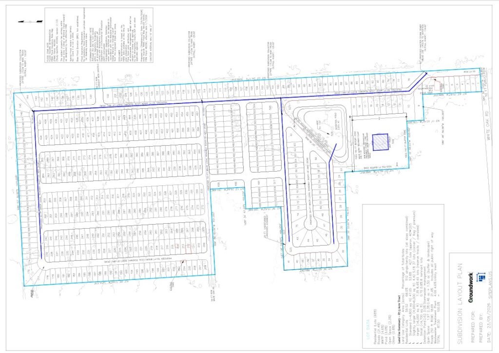 Grid subdivision layout for 504 lots on 87.5 acres, with detention pond, stormwater network, and TCEQ buffer, Montgomery County, Texas.